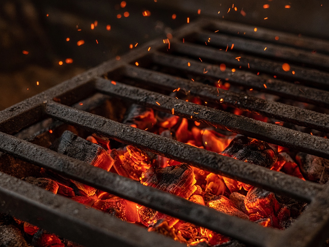 Olive-wood charcoal glowing under a steel grate