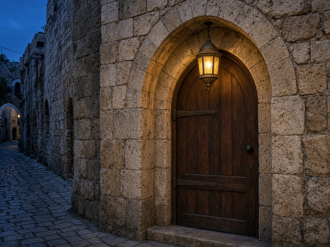 Arched stone doorway with a lantern