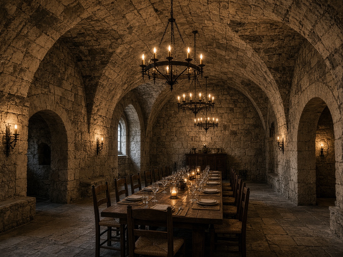 Dining room under stone vaults lit by candles