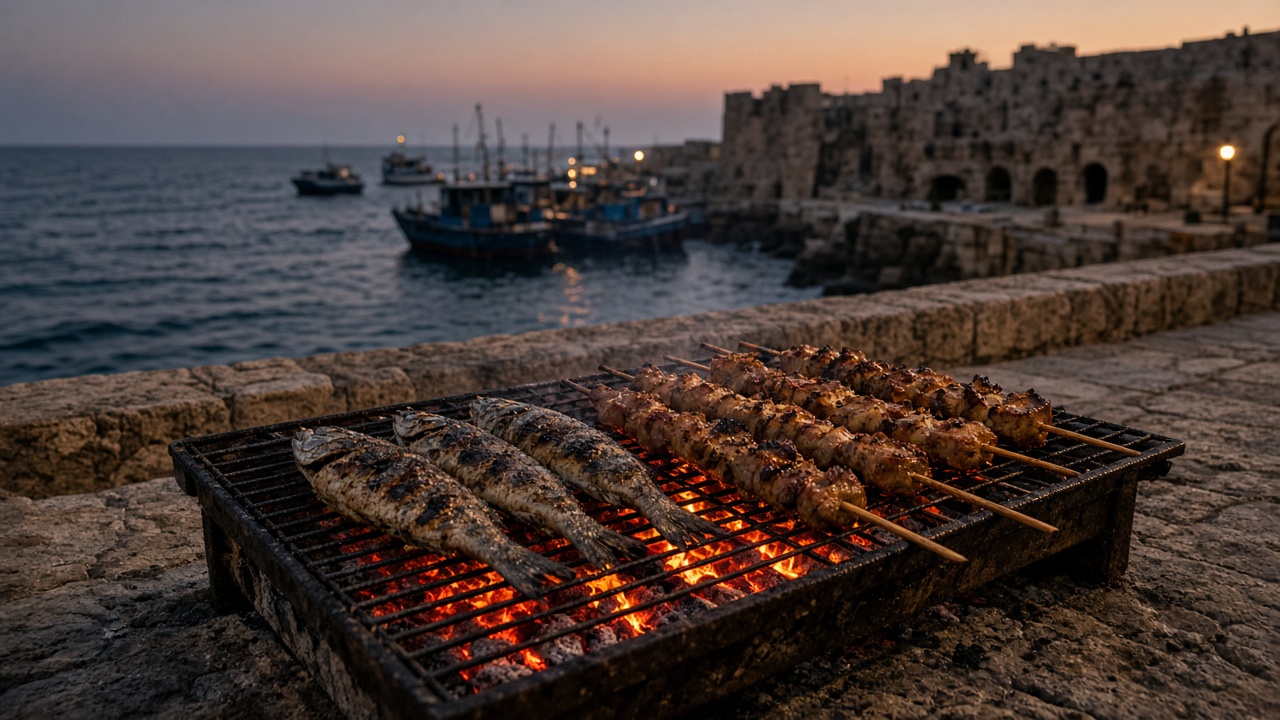 Charcoal grill glowing on the Akko port wall at dusk