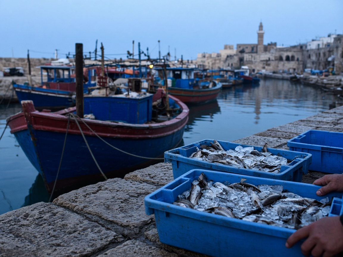 Crates of fresh fish at the Akko harbour