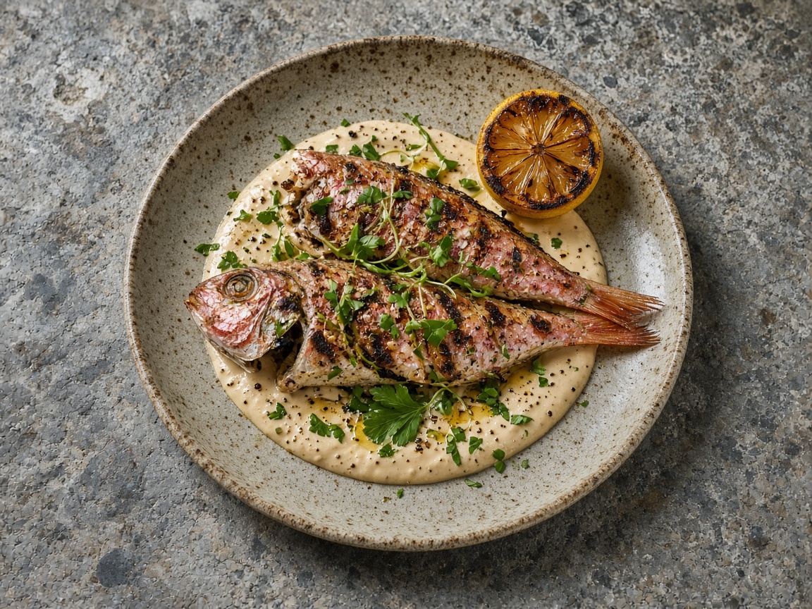Grilled red mullet with tahini on a plate