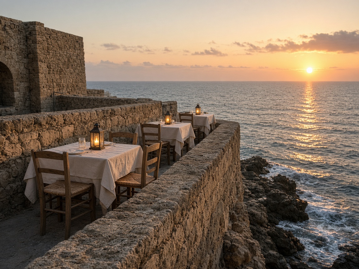 Tables set along the sea wall at sunset
